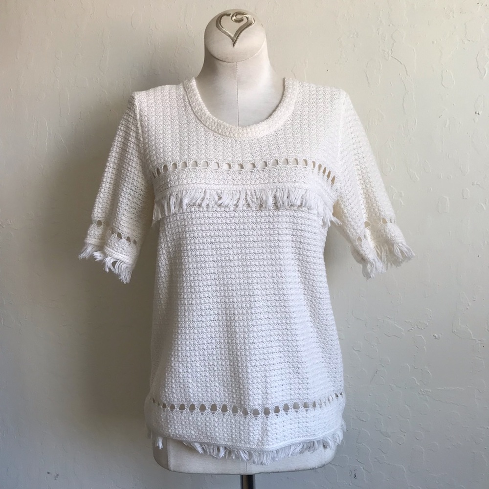 J.Crew 100% Cotton Fringe Bohemian Short Sleeve Knit Sweater Top - Picture 1 of 7